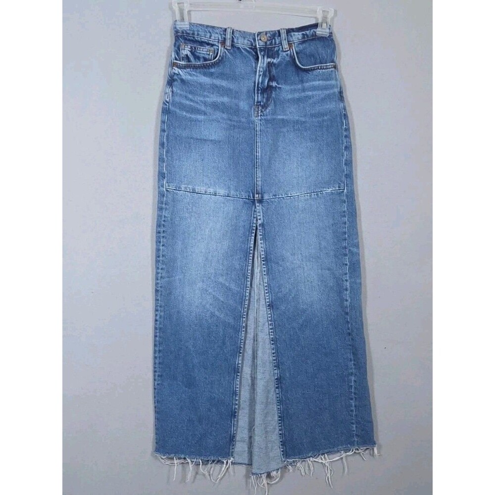 Reformation Tazz Maxi Skirt Womens 24  Blue Long Denim Boho Peasant Frayed Hem